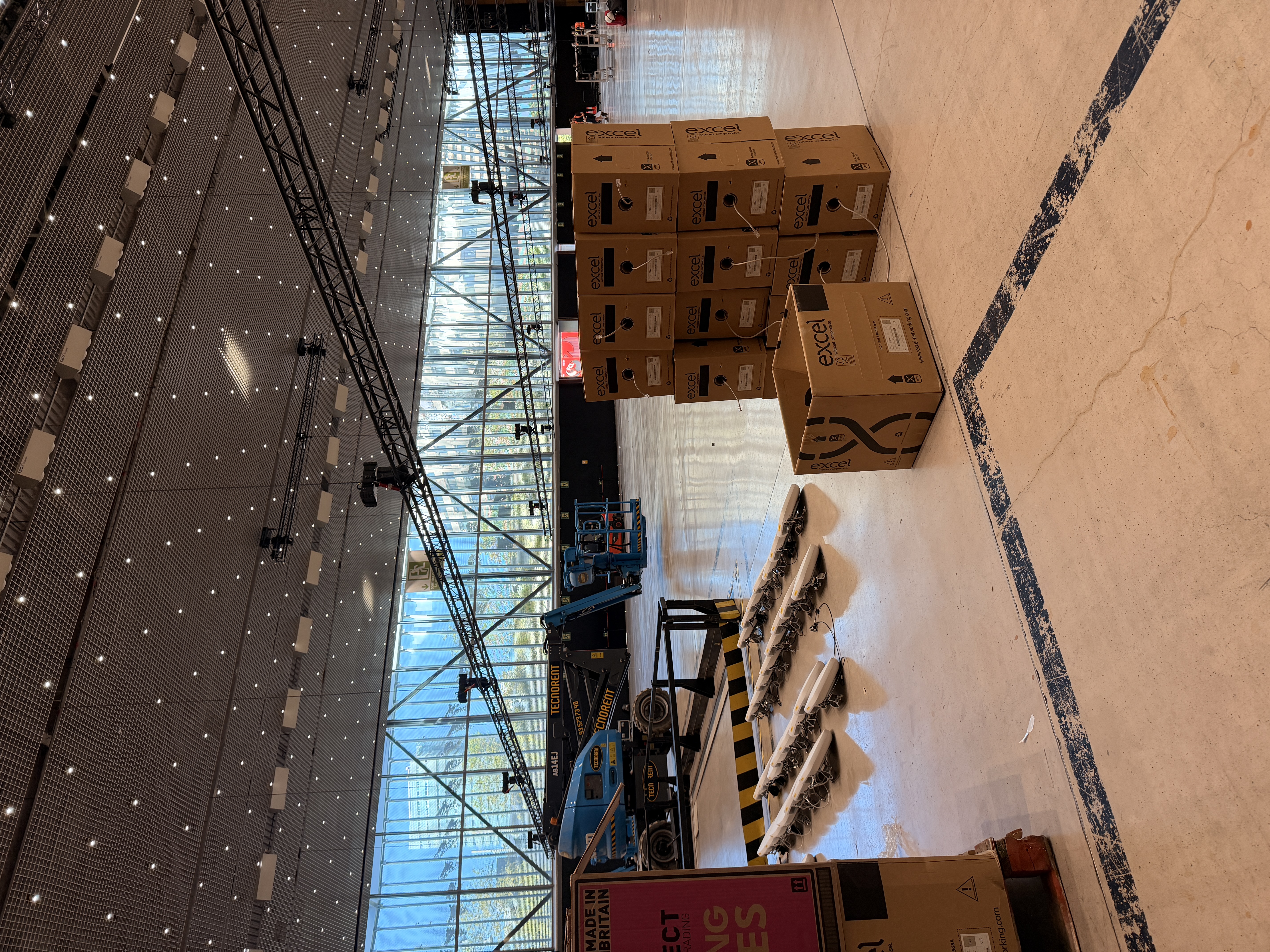 Cat5e cabling and access points staged for Barcelona WiFi installation